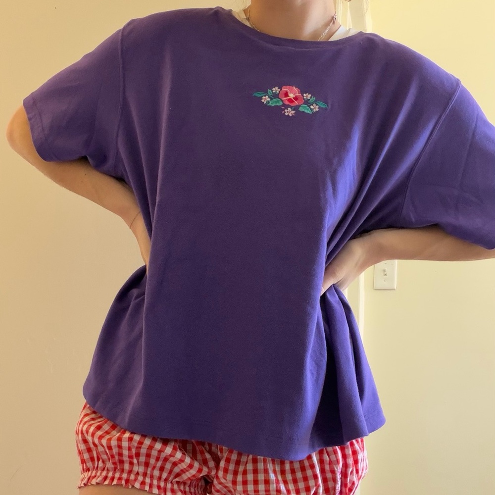 Purple Tee with Small Floral Embroidery